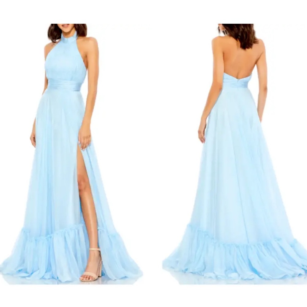 MAC DUGGAL
High Neck Tiered Chiffon Halter Gown,sz 8, new, blue sky